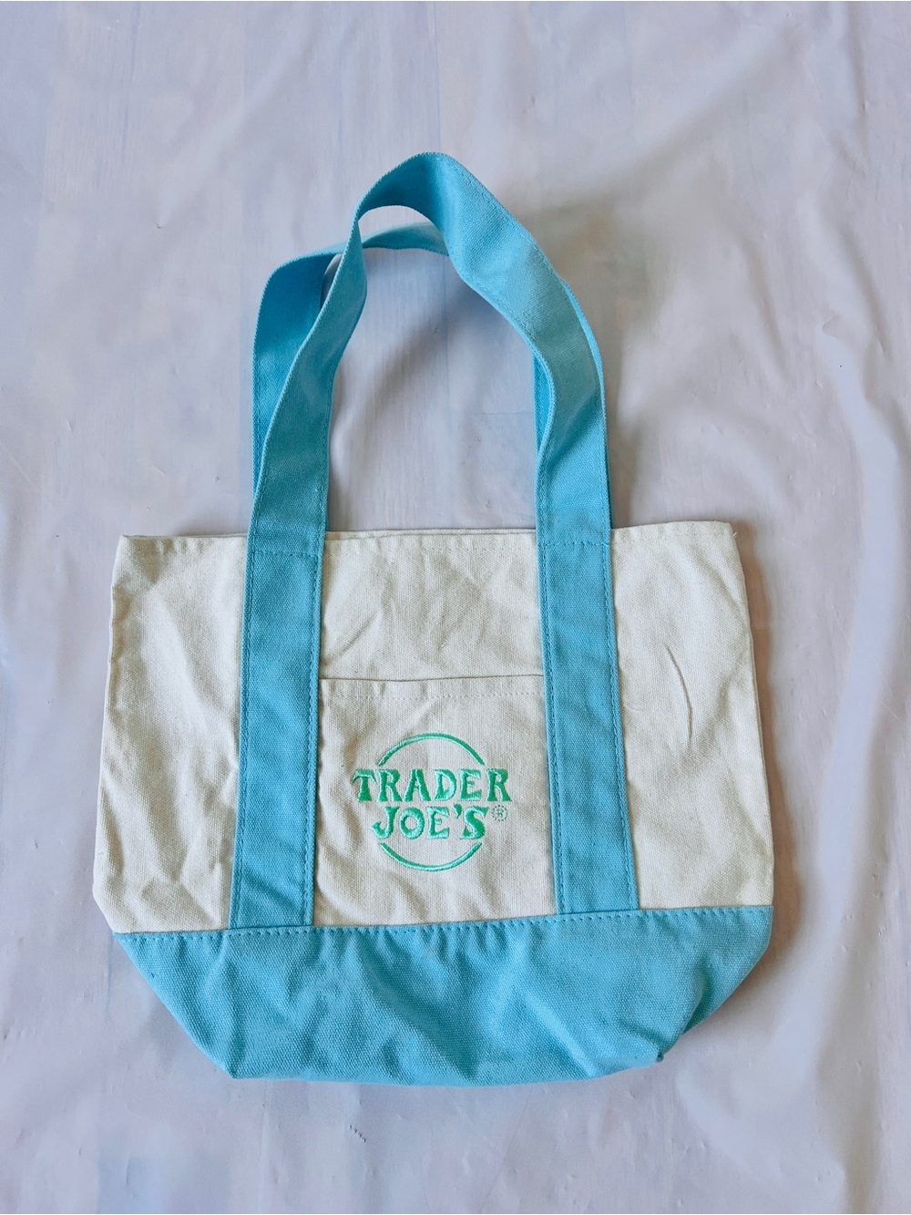Trader Joe's mini canvas tote limited edition pastel blue reusable bag